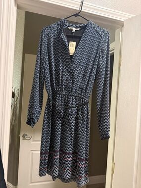 Max Studio Navy and White Chevron Long-Sleeve Dress with Red Accent